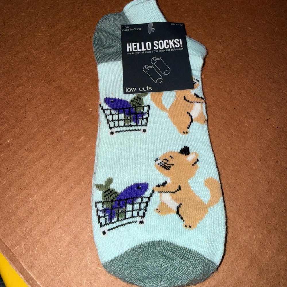 Hello Socks Low Cut Socks OS 4-10 NEW Cat Fish Shopping Cart Aqua Novelty